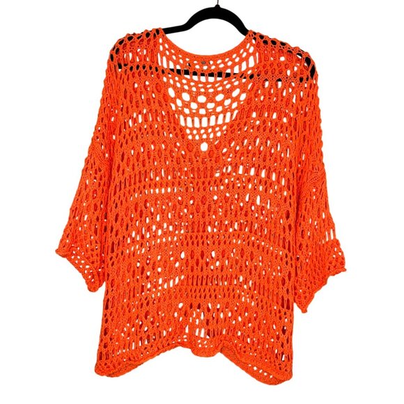 Cecile Wang France Bright Orange Crochet Knit Sweater Made in Italy, Boho Resort - Picture 6 of 9